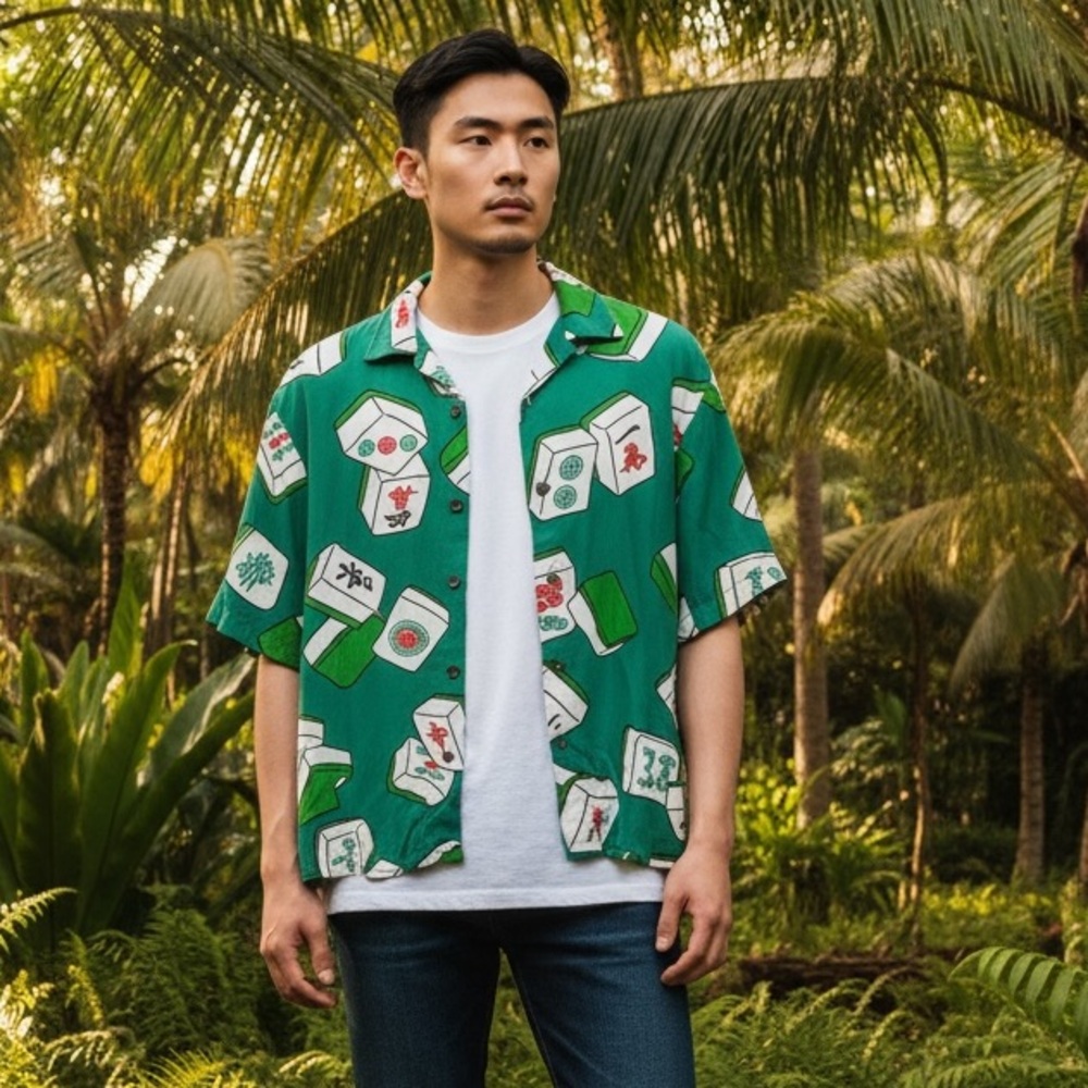 Wooji Mahjong Asian Aloha Fun Print Shirt Resort Wear Beach Party Gaming Novelty
